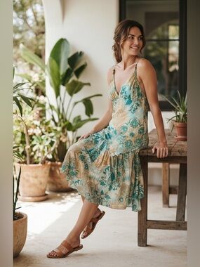Ecco Mi Boho Teal Tan Paisley Beaded Strap Handkerchief Hem Dress M